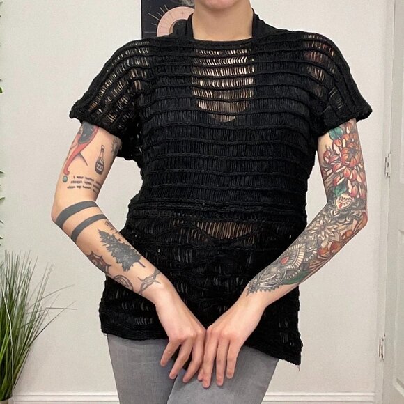 Chico's Oversize Crochet Knit Sweater Short Sleeve Size 2 Black - Picture 1 of 13